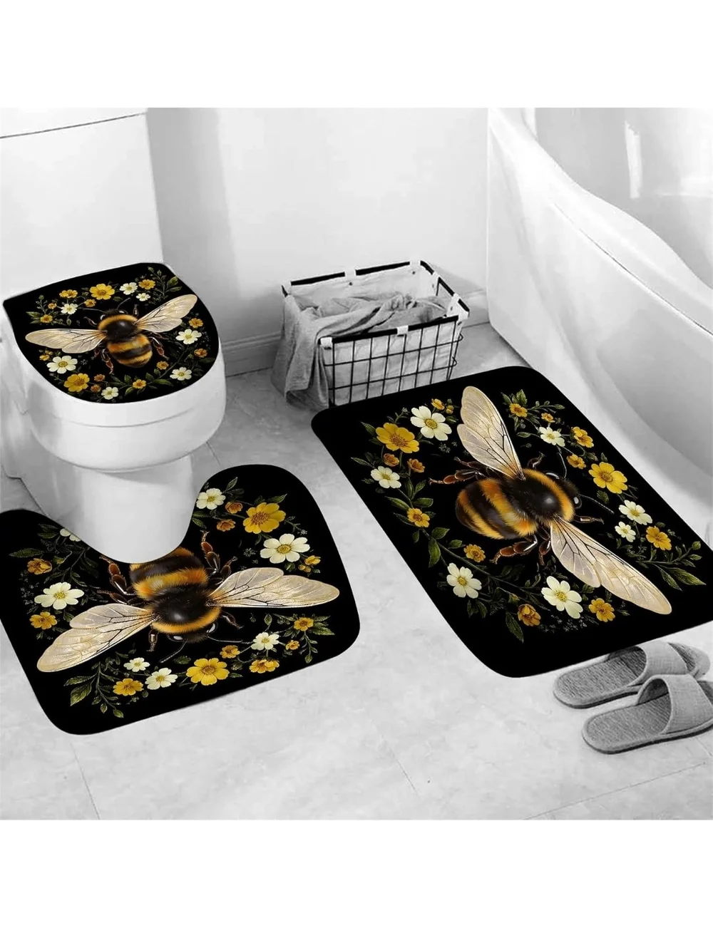 Bee Floral Black Shower Curtain and Bath Set